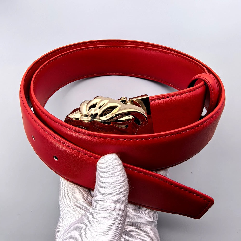 Men's Genuine Leather Belt with 3D Animal Head Buckle, Business Casual Waist Belt