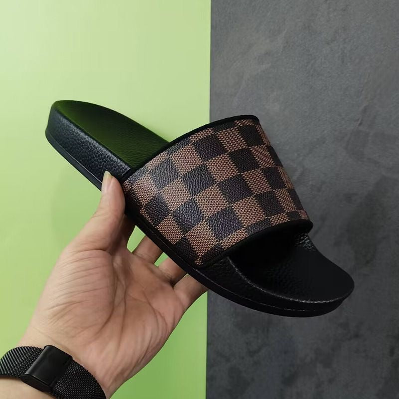Unisex Checkerboard Slide Sandals, Non-slip Flat Slippers