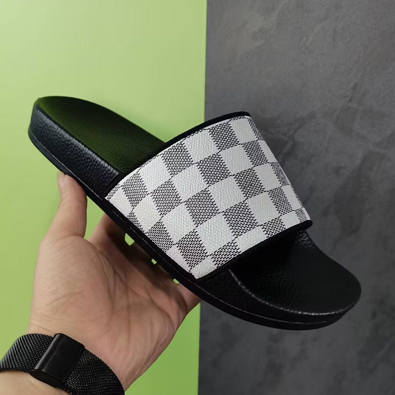 Unisex Checkerboard Slide Sandals, Non-slip Flat Slippers