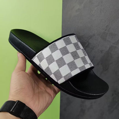 Unisex Checkerboard Slide Sandals, Non-slip Flat Slippers