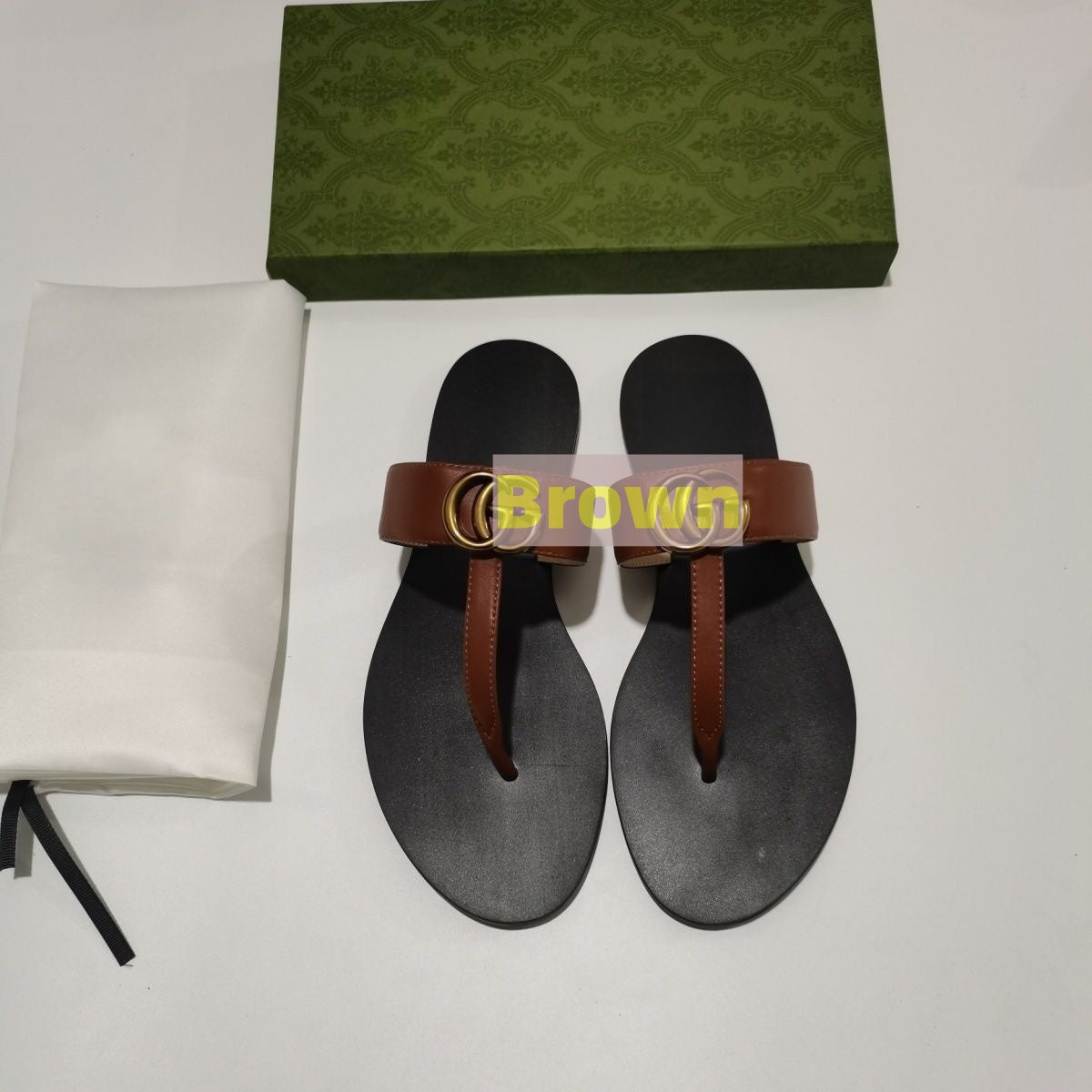 Women's Leather Thong Sandals with Metal Buckle, Flat Flip-flops
