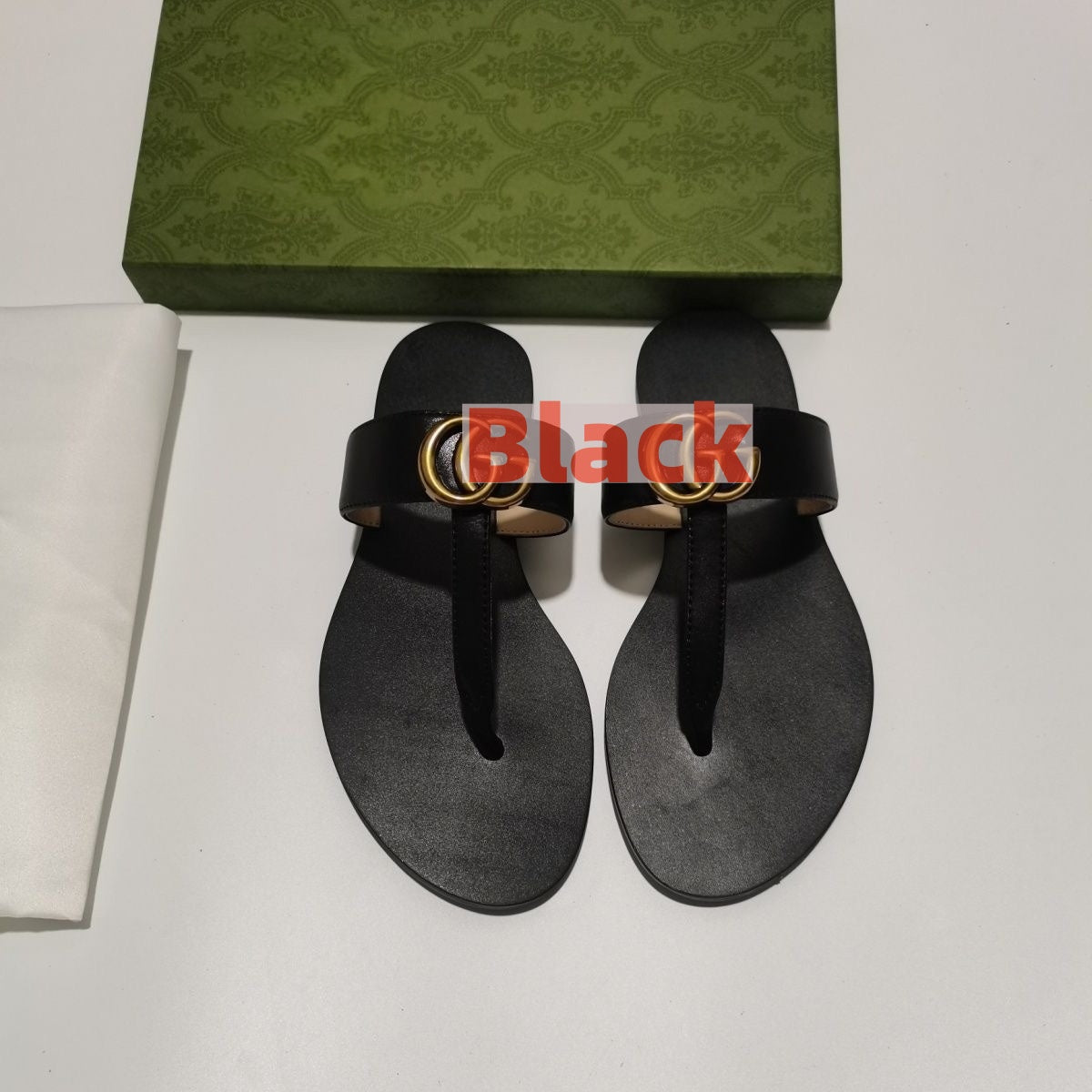 Women's Leather Thong Sandals with Metal Buckle, Flat Flip-flops