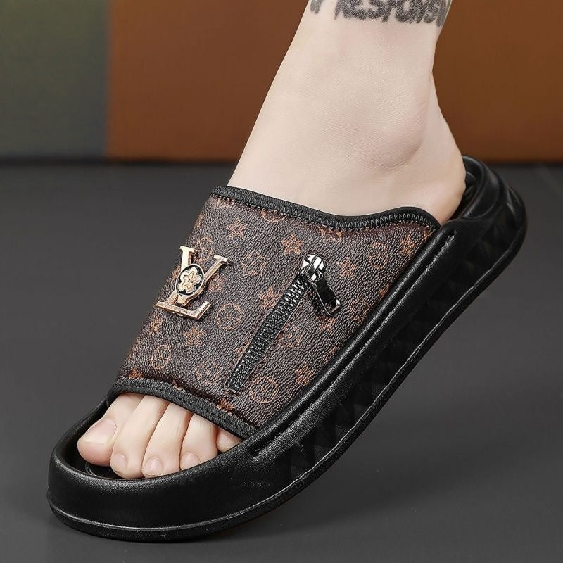 【#A259】Platform Zipper Monogram Slide Sandals, Luxury Outdoor Slippers