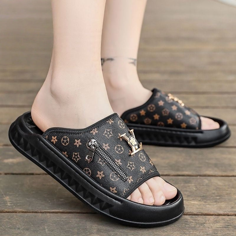 【#A259】Platform Zipper Monogram Slide Sandals, Luxury Outdoor Slippers