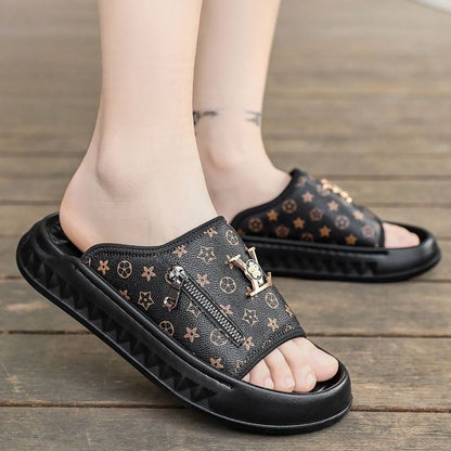 【#A259】Platform Zipper Monogram Slide Sandals, Luxury Outdoor Slippers