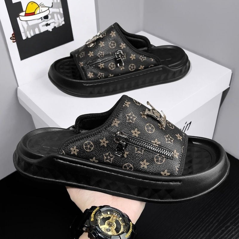 【#A259】Platform Zipper Monogram Slide Sandals, Luxury Outdoor Slippers