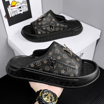 【#A259】Platform Zipper Monogram Slide Sandals, Luxury Outdoor Slippers