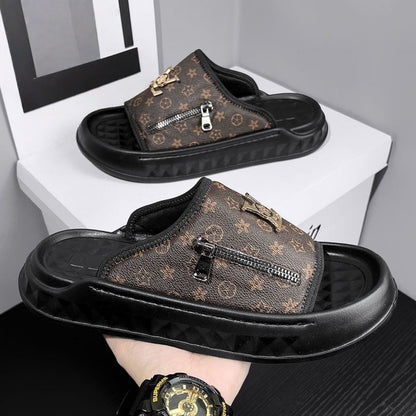 【#A259】Platform Zipper Monogram Slide Sandals, Luxury Outdoor Slippers