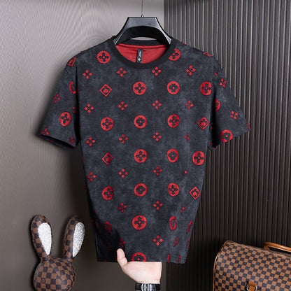 【#A260】Luxury All Over Print Crew Neck T-Shirt for Men, Vintage Washed Thin Versatile Top