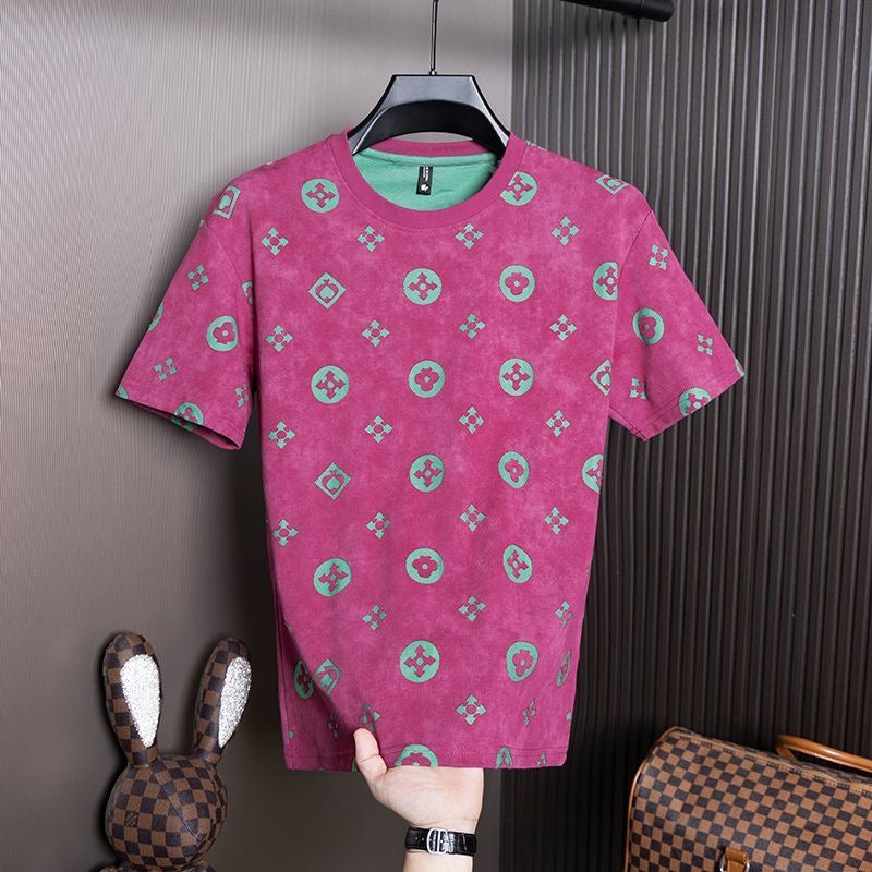 【#A260】Luxury All Over Print Crew Neck T-Shirt for Men, Vintage Washed Thin Versatile Top