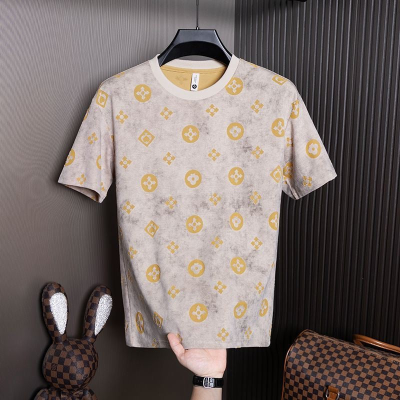 【#A260】Luxury All Over Print Crew Neck T-Shirt for Men, Vintage Washed Thin Versatile Top