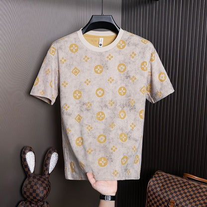 【#A260】Luxury All Over Print Crew Neck T-Shirt for Men, Vintage Washed Thin Versatile Top