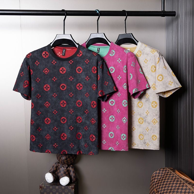 【#A260】Luxury All Over Print Crew Neck T-Shirt for Men, Vintage Washed Thin Versatile Top