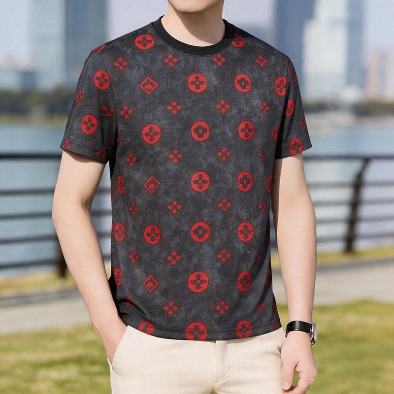 【#A260】Luxury All Over Print Crew Neck T-Shirt for Men, Vintage Washed Thin Versatile Top