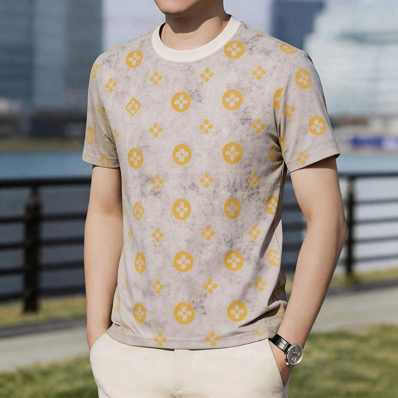 【#A260】Luxury All Over Print Crew Neck T-Shirt for Men, Vintage Washed Thin Versatile Top