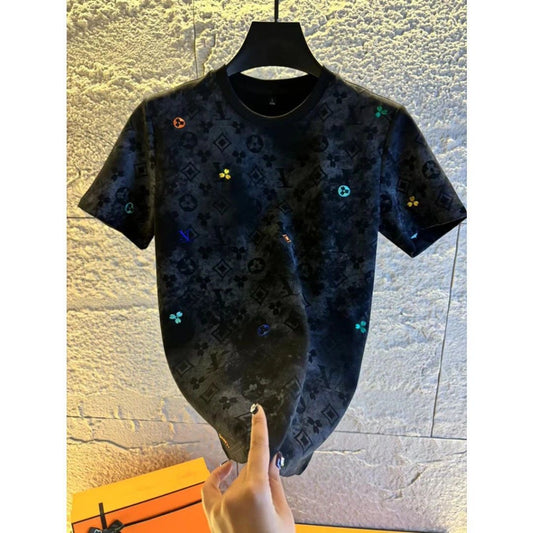 【#A261】Vintage Subtle Print Colorful Embroidery Crew Neck Short Sleeve T-Shirt, Luxury Versatile Top for Men