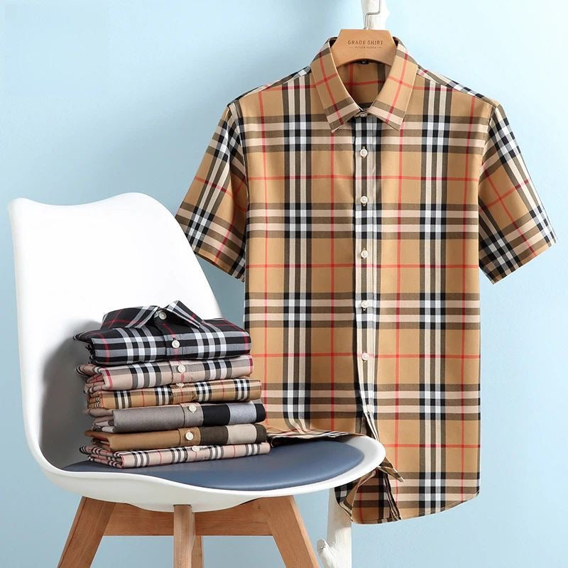【#A262】Classic Plaid Collared Short Sleeve Shirt, Wrinkle-Resistant Luxury Business Casual Shirt for Men