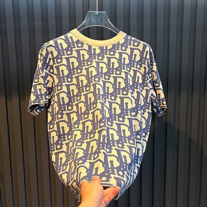 【#A263】Vintage All-over Letter Jacquard Crew Neck Short Sleeve T-Shirt