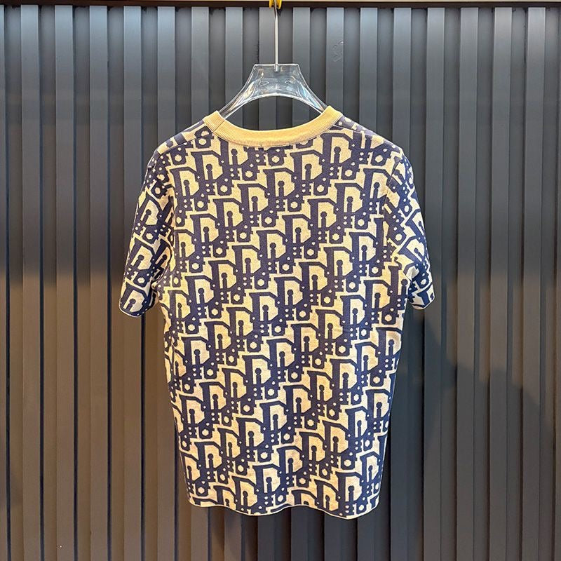 【#A263】Vintage All-over Letter Jacquard Crew Neck Short Sleeve T-Shirt