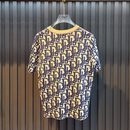 【#A263】Vintage All-over Letter Jacquard Crew Neck Short Sleeve T-Shirt
