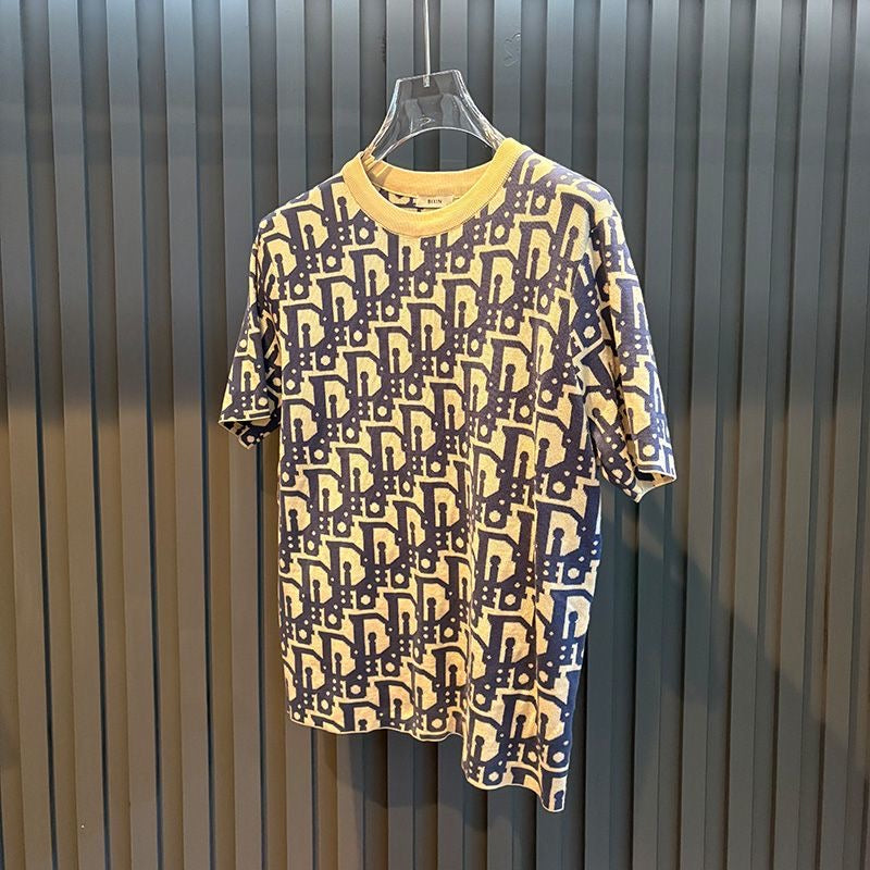【#A263】Vintage All-over Letter Jacquard Crew Neck Short Sleeve T-Shirt