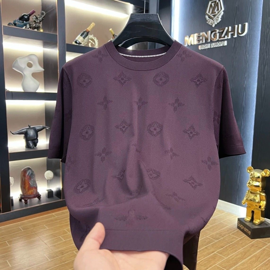 【#A264】Men's Crew Neck Knit Short Sleeve T-Shirt with Subtle Clover Jacquard Pattern