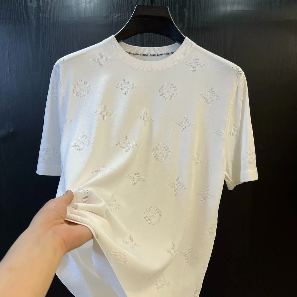 【#A264】Men's Crew Neck Knit Short Sleeve T-Shirt with Subtle Clover Jacquard Pattern