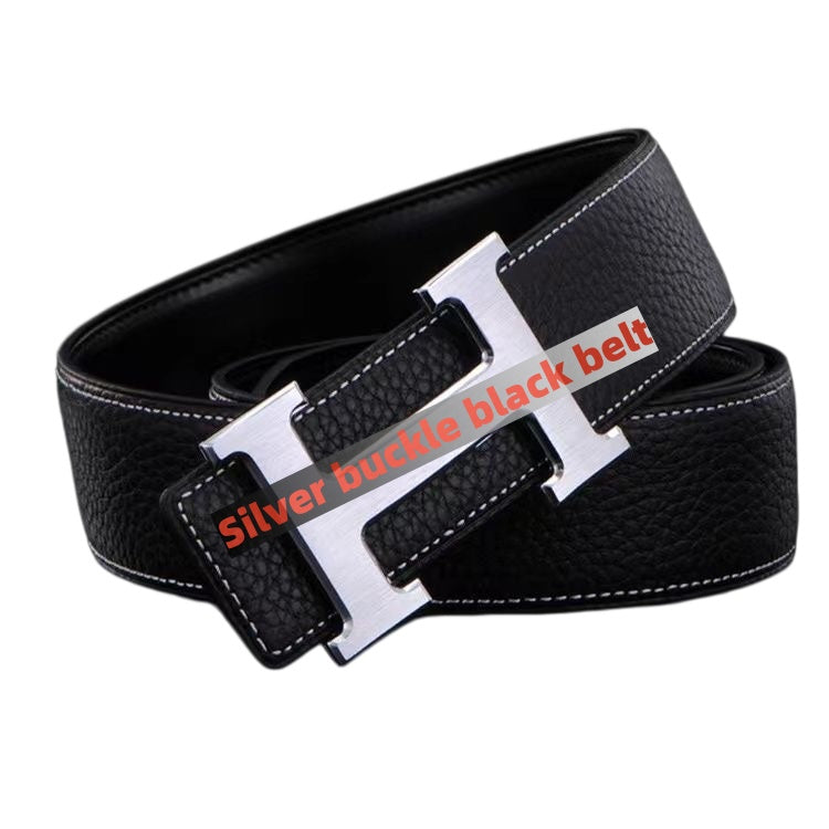 【#A265】Men's Genuine Leather Belt With Simple Metal Slide Buckle & Litchi Grain