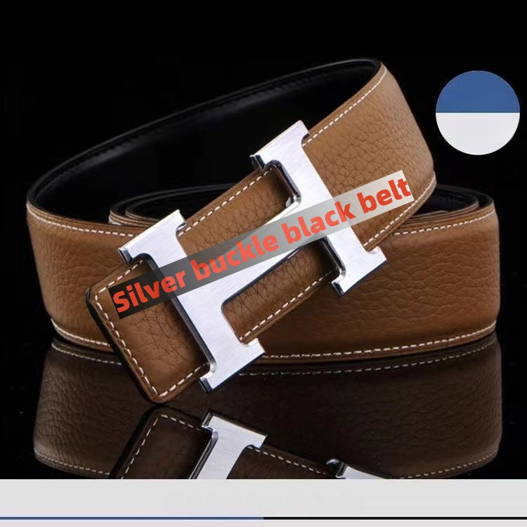 【#A265】Men's Genuine Leather Belt With Simple Metal Slide Buckle & Litchi Grain