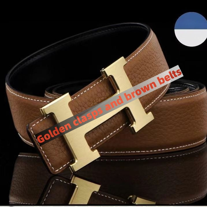 【#A265】Men's Genuine Leather Belt With Simple Metal Slide Buckle & Litchi Grain