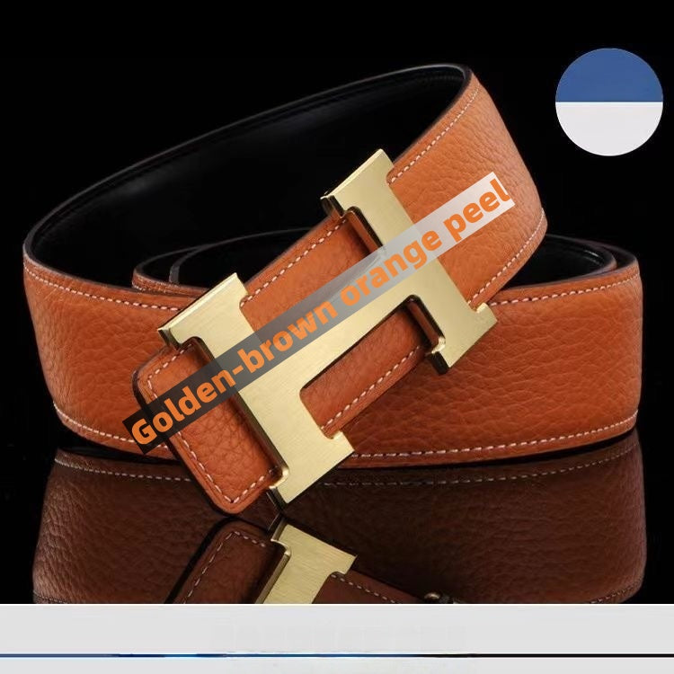 【#A265】Men's Genuine Leather Belt With Simple Metal Slide Buckle & Litchi Grain