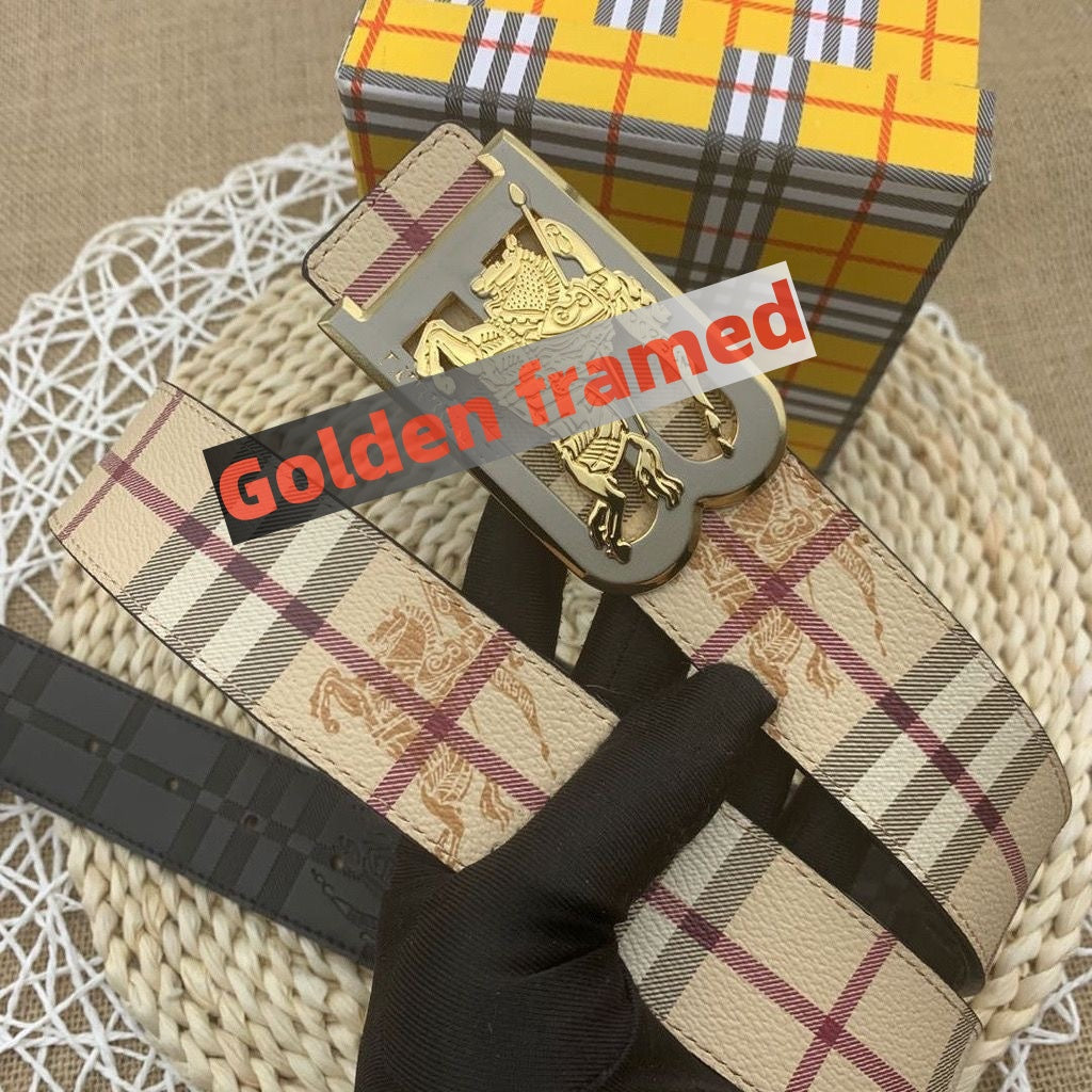 【#A273】Men's Reversible Check Embossed Leather Belt With Square Metal Plate Buckle