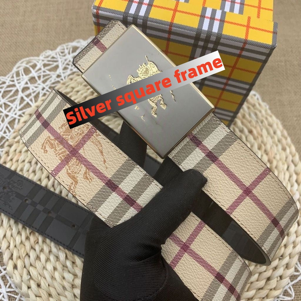 【#A273】Men's Reversible Check Embossed Leather Belt With Square Metal Plate Buckle