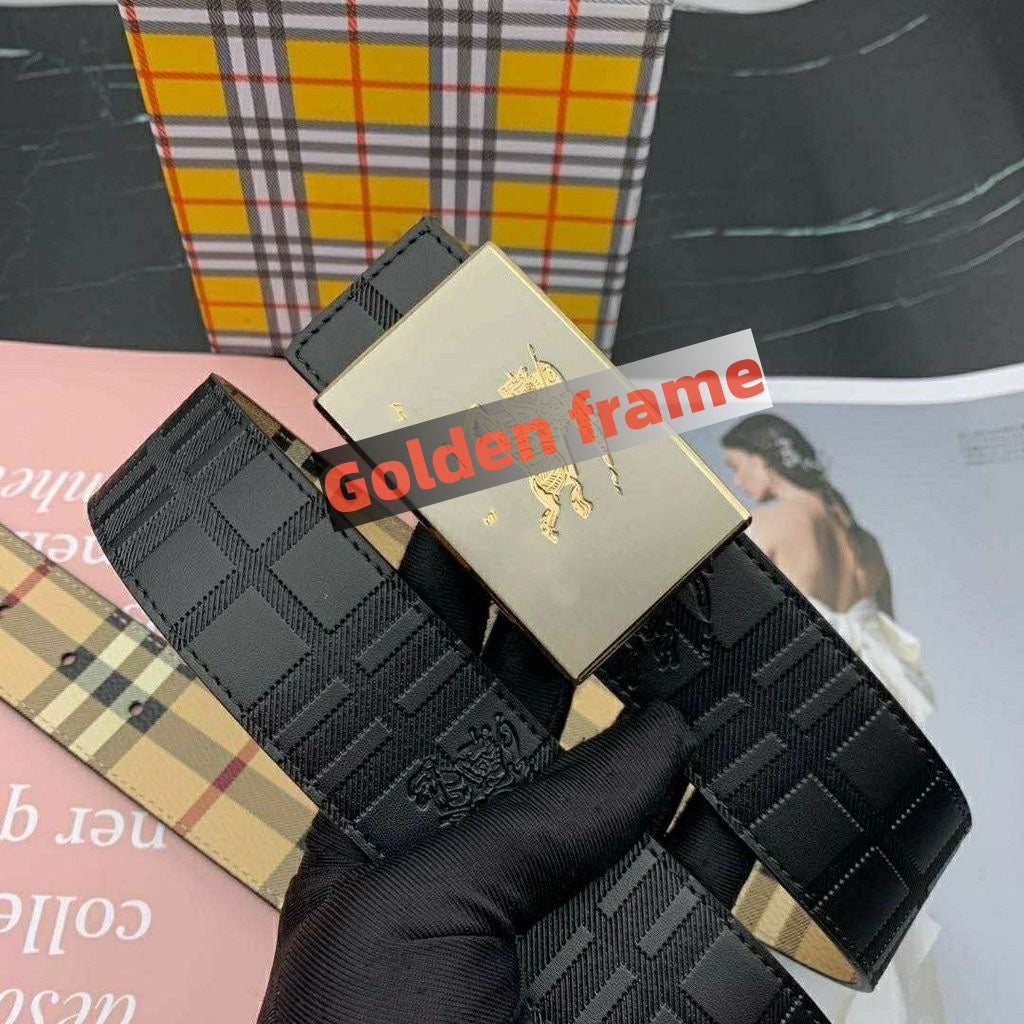 【#A273】Men's Reversible Check Embossed Leather Belt With Square Metal Plate Buckle