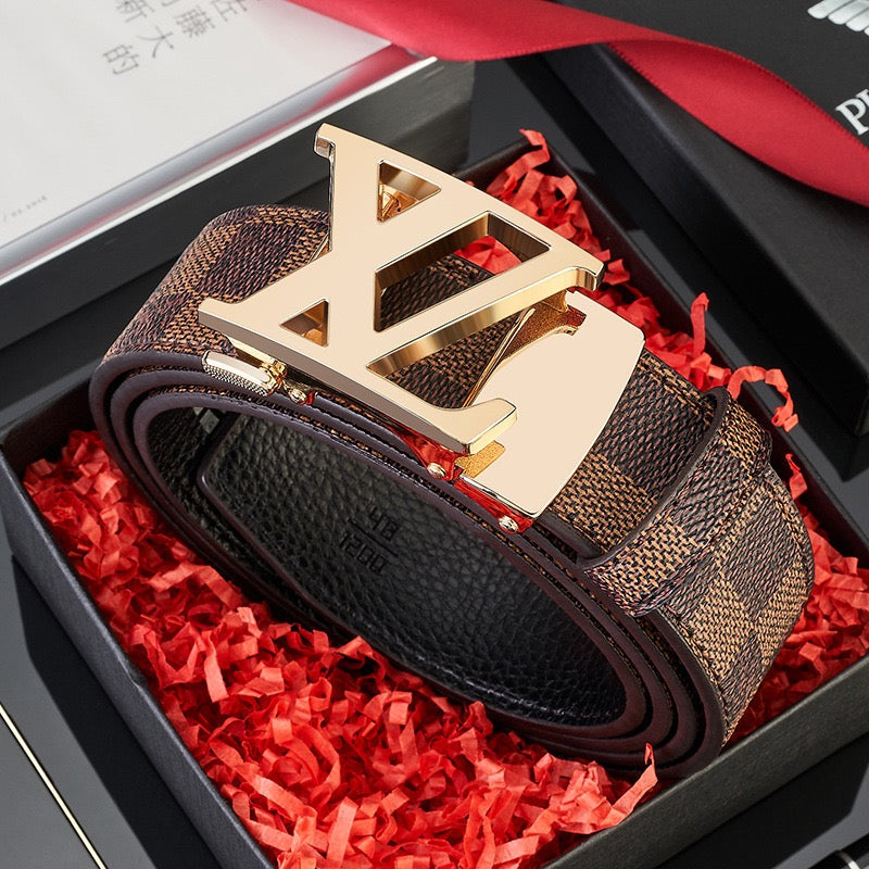 【#A279】Men's Reversible Check Pattern Belt With Hollow Metal Automatic Buckle