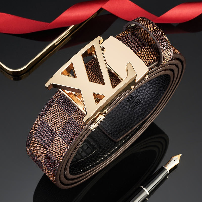 【#A279】Men's Reversible Check Pattern Belt With Hollow Metal Automatic Buckle