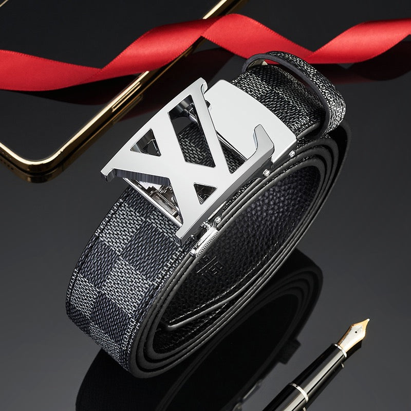 【#A279】Men's Reversible Check Pattern Belt With Hollow Metal Automatic Buckle