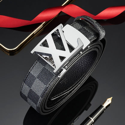 【#A279】Men's Reversible Check Pattern Belt With Hollow Metal Automatic Buckle