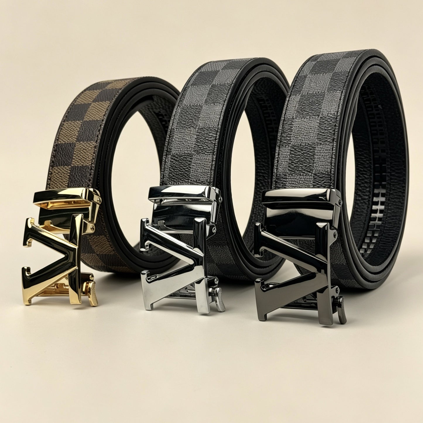 【#A280】Men's Check Pattern Belt With Geometric Automatic Metal Buckle