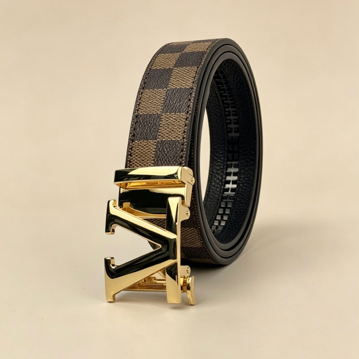 【#A280】Men's Check Pattern Belt With Geometric Automatic Metal Buckle