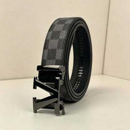 【#A280】Men's Check Pattern Belt With Geometric Automatic Metal Buckle