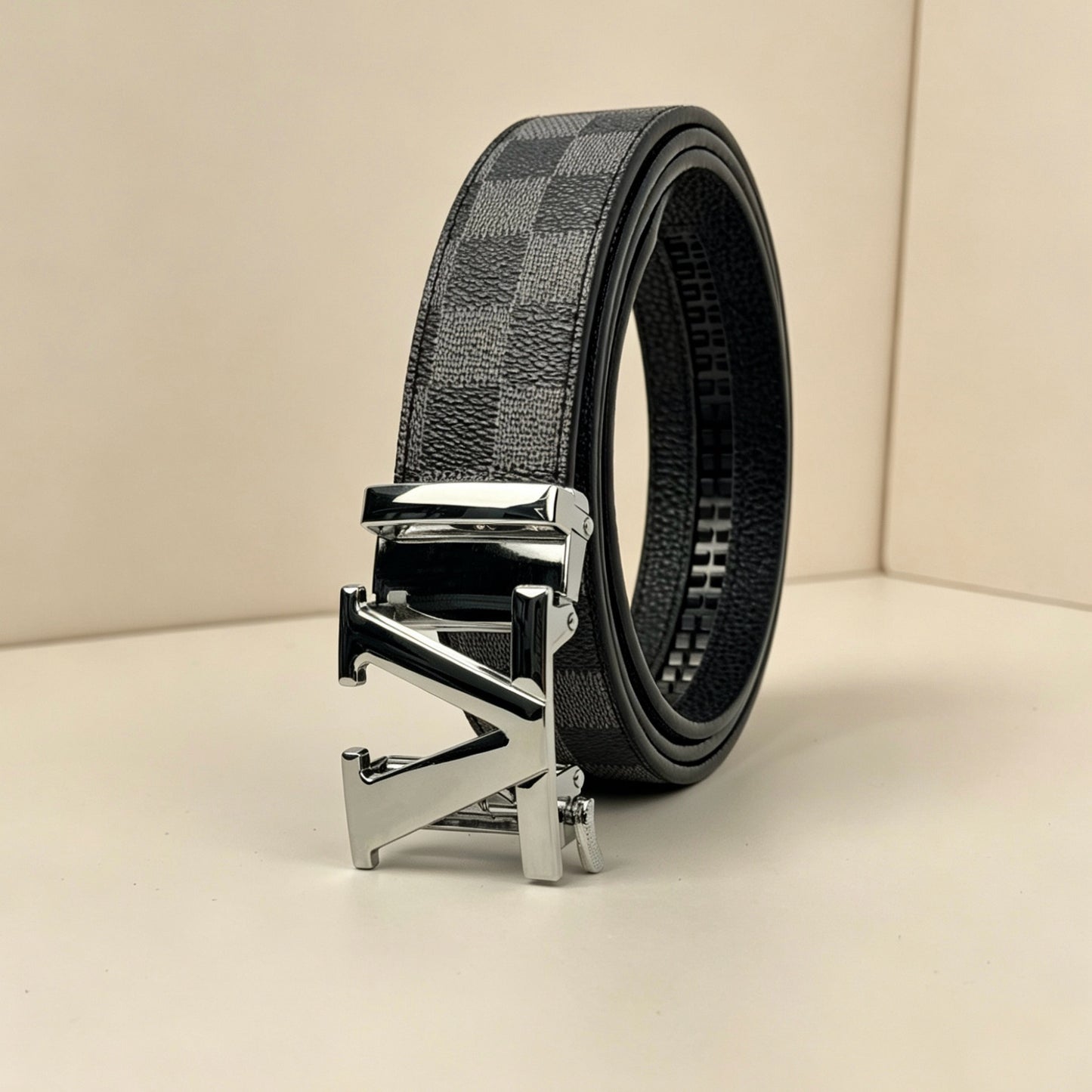 【#A280】Men's Check Pattern Belt With Geometric Automatic Metal Buckle