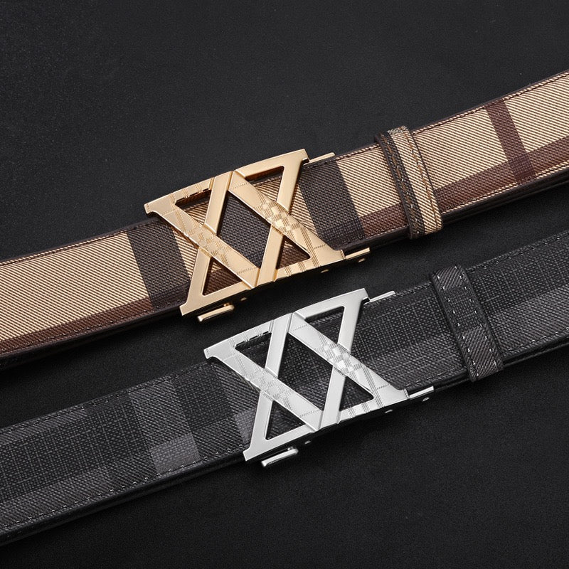 【#A281】Men's Check Pattern Belt With Hollow Diamond Geometric Automatic Buckle