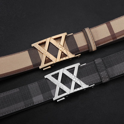 【#A281】Men's Check Pattern Belt With Hollow Diamond Geometric Automatic Buckle