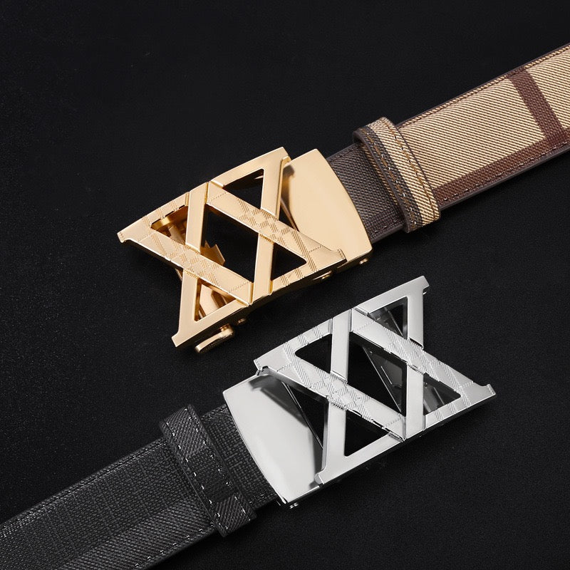 【#A281】Men's Check Pattern Belt With Hollow Diamond Geometric Automatic Buckle