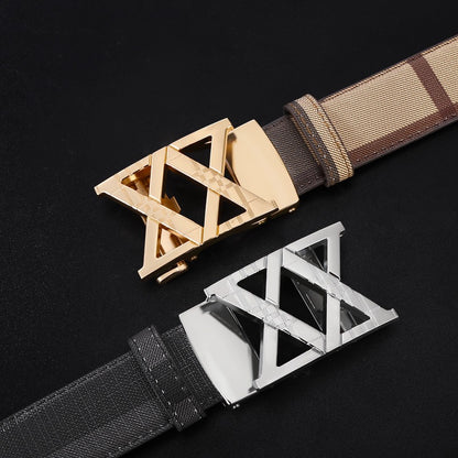 【#A281】Men's Check Pattern Belt With Hollow Diamond Geometric Automatic Buckle