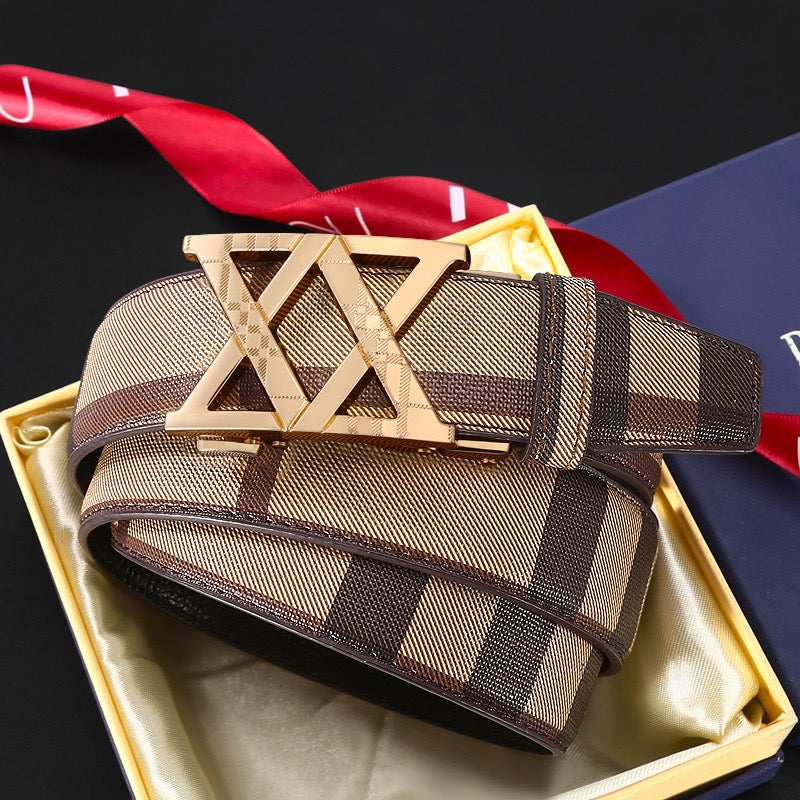 【#A281】Men's Check Pattern Belt With Hollow Diamond Geometric Automatic Buckle