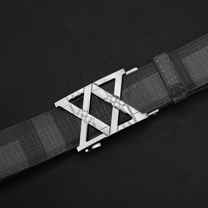 【#A281】Men's Check Pattern Belt With Hollow Diamond Geometric Automatic Buckle