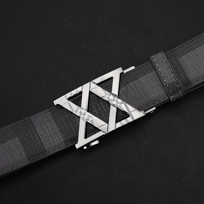 【#A281】Men's Check Pattern Belt With Hollow Diamond Geometric Automatic Buckle