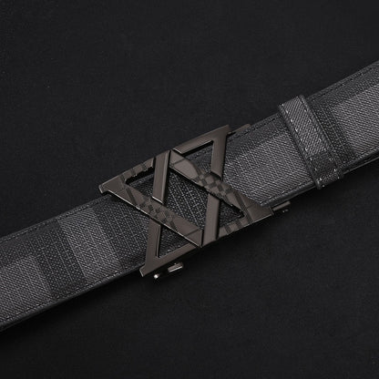 【#A281】Men's Check Pattern Belt With Hollow Diamond Geometric Automatic Buckle
